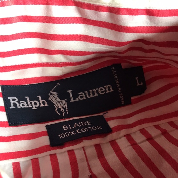 🚨B2G1 POLO RALPH LAUREN Red White Striped Short Sleeve Cotton Button Up - Picture 4 of 4